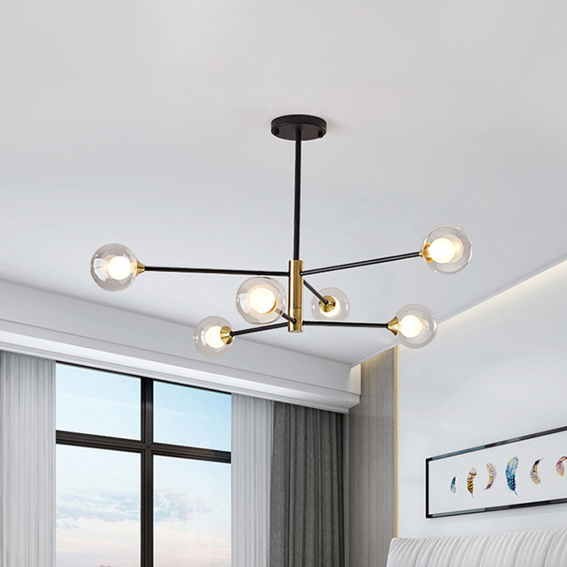 Postmodern 6/8 Lights Chandelier Lighting Black and Gold Branch Pendant Lamp with Ball Dual Clear Glass Shade