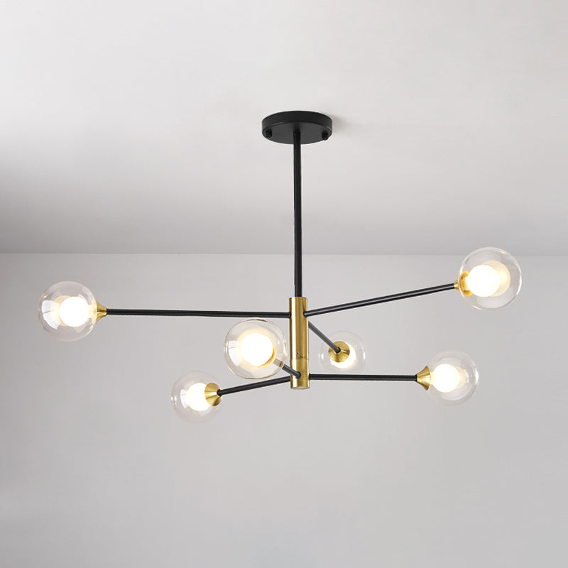 Postmodern 6/8 Lights Chandelier Lighting Black and Gold Branch Pendant Lamp with Ball Dual Clear Glass Shade