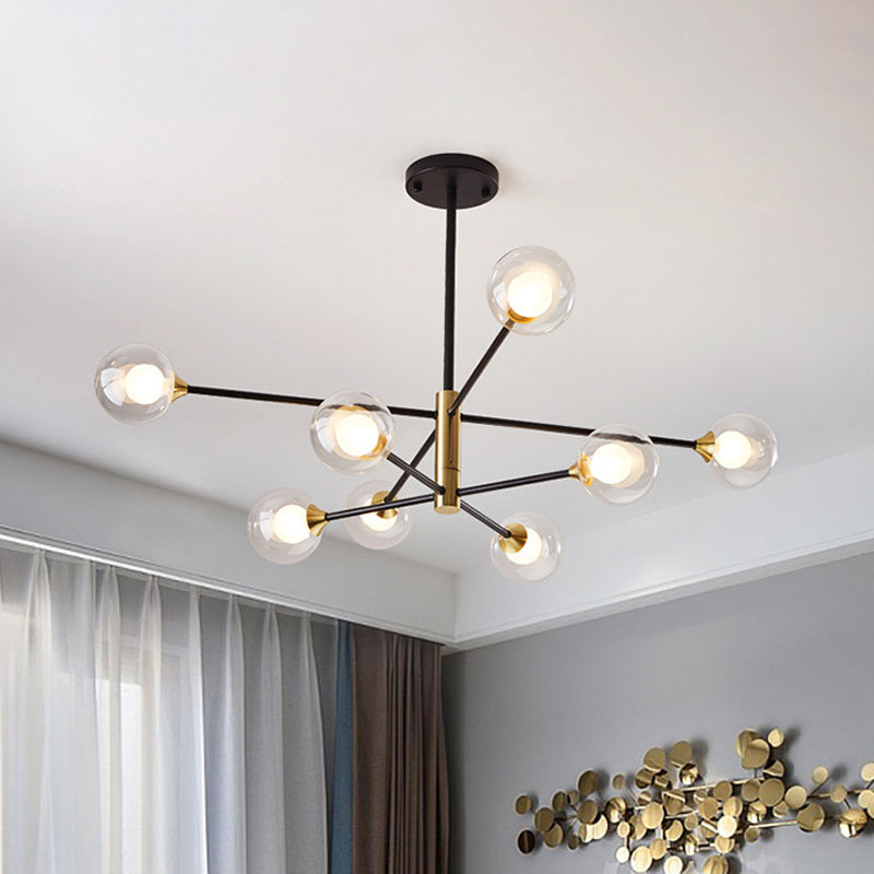 Postmodern 6/8 Lights Chandelier Lighting Black and Gold Branch Pendant Lamp with Ball Dual Clear Glass Shade