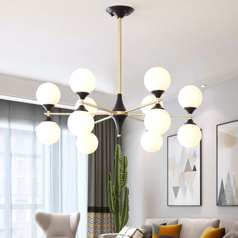 6/8/12 Heads Living Room Chandelier Postmodern Black-Gold Hanging Light with Hourglass Ivory Glass Shade