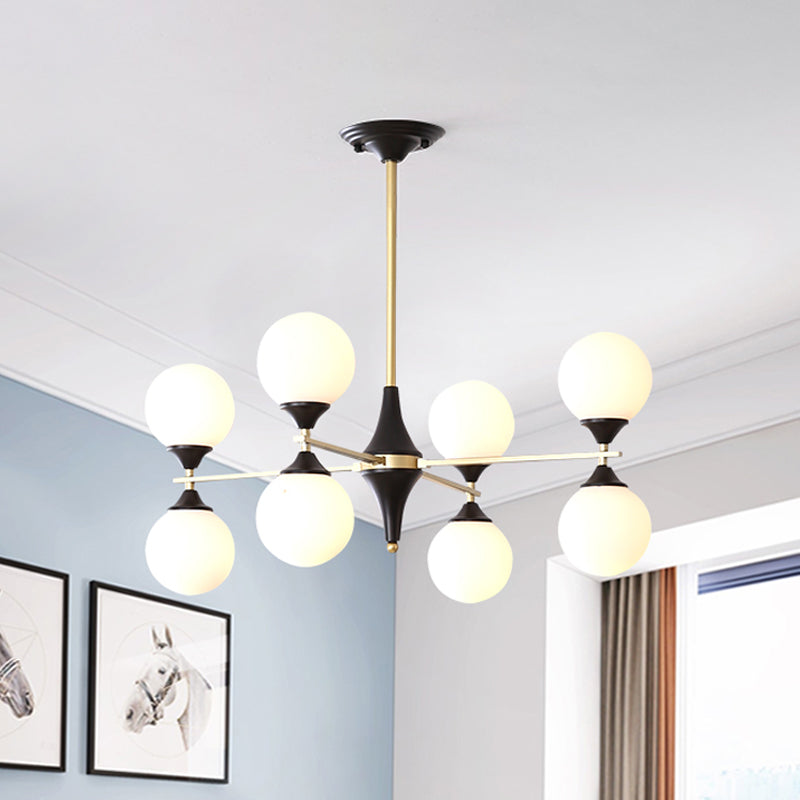 6/8/12 Heads Living Room Chandelier Postmodern Black-Gold Hanging Light with Hourglass Ivory Glass Shade