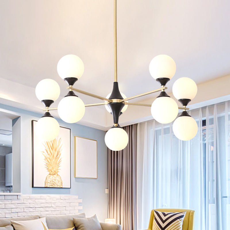 6/8/12 Heads Living Room Chandelier Postmodern Black-Gold Hanging Light with Hourglass Ivory Glass Shade