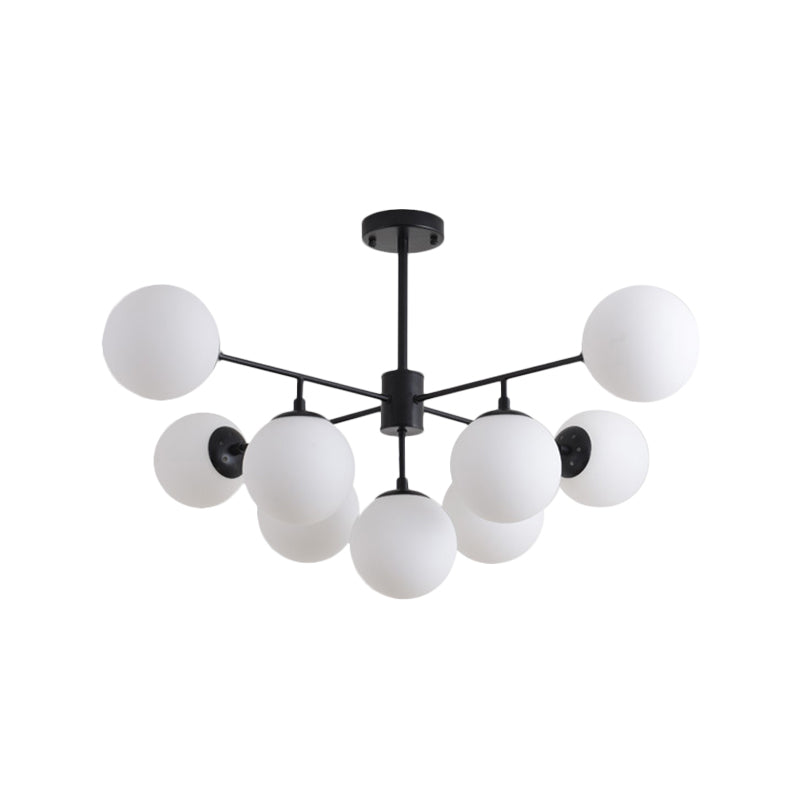 Lámpara de araña de rama de hierro Postmodern 9/11 Luces Black/Gold Costa de colgantes con sombra de vidrio de ópalo de orbe