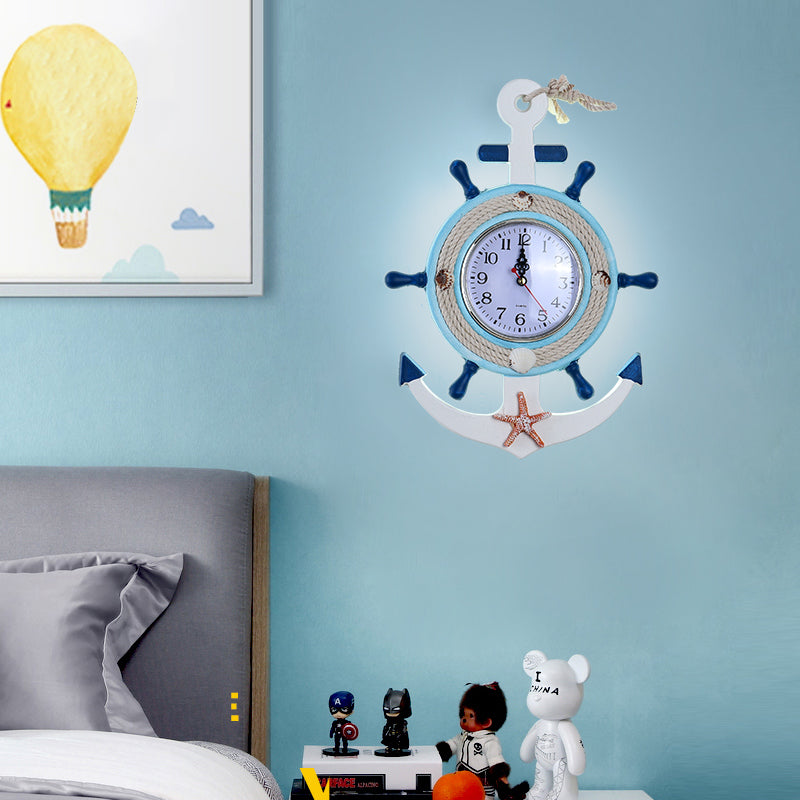 Child Bedroom Anchor Rudder Wall Light with Clock Wood Nautical Stylish Blue Wall Lamp