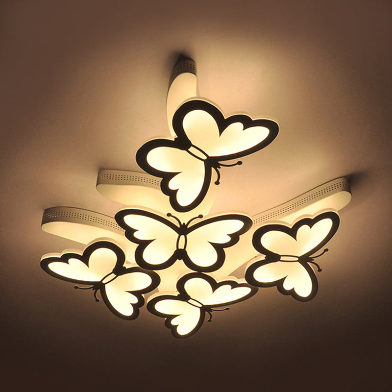 Flying Butterfly Flush Mount Light Romantic Acrylic Ceiling Lamp in White for Girls Bedroom