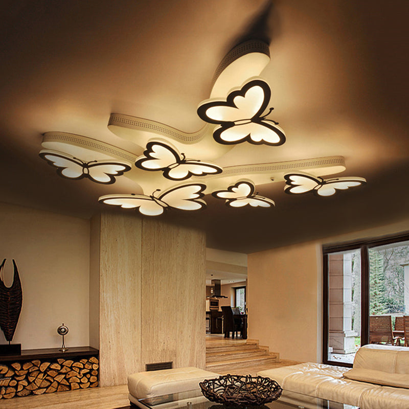 Flying Butterfly Flush Mount Light Romantic Acrylic Ceiling Lamp in White for Girls Bedroom
