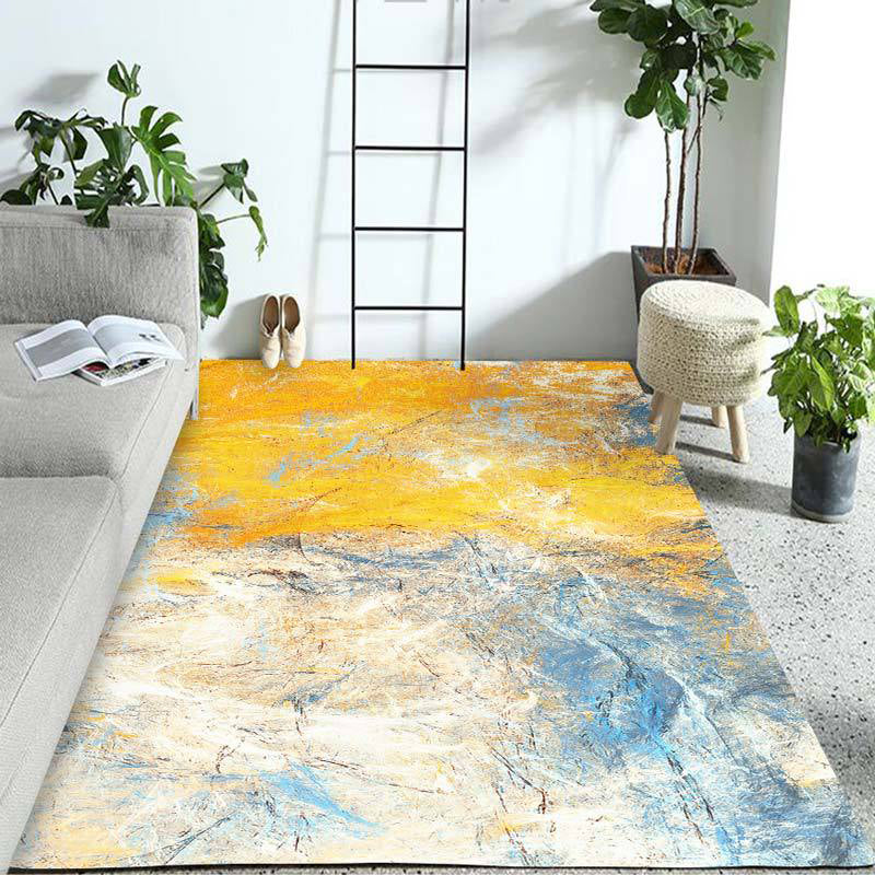 Yellow and Blue Contemporary Rug Polyester Watercolor Pattern Rug Non-Slip Backing Washable Carpet for Living Room