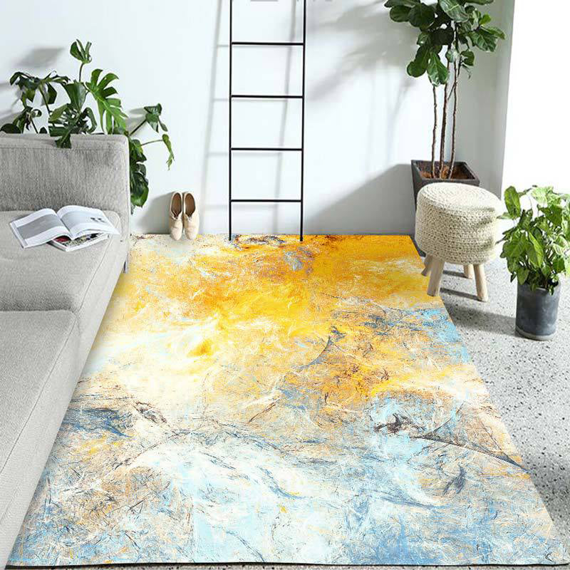 Yellow and Blue Contemporary Rug Polyester Watercolor Pattern Rug Non-Slip Backing Washable Carpet for Living Room