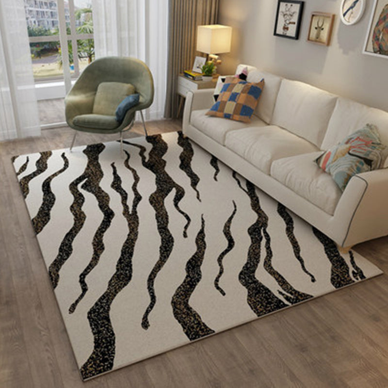 Black and White Casual Rug Polyester Striped Abstract Pattern Rug Washable Non-Slip Backing Area Rug for Living Room