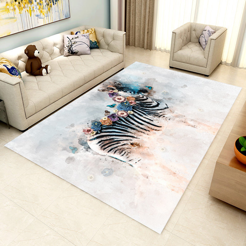 Modern Zebra Flower Print Rug Blue Multicolor Polyester Rug Washable Non-Slip Backing Area Rug for Living Room