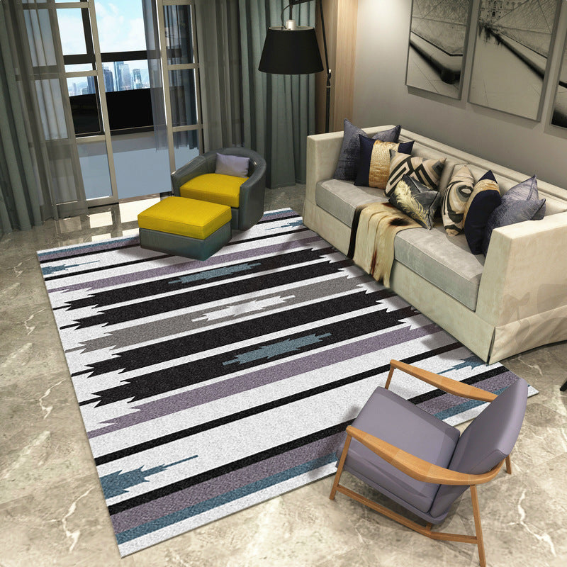 Creative Striped Pattern Rug White Multicolor Modern Rug Polyester Machine Washable Carpet for Living Room