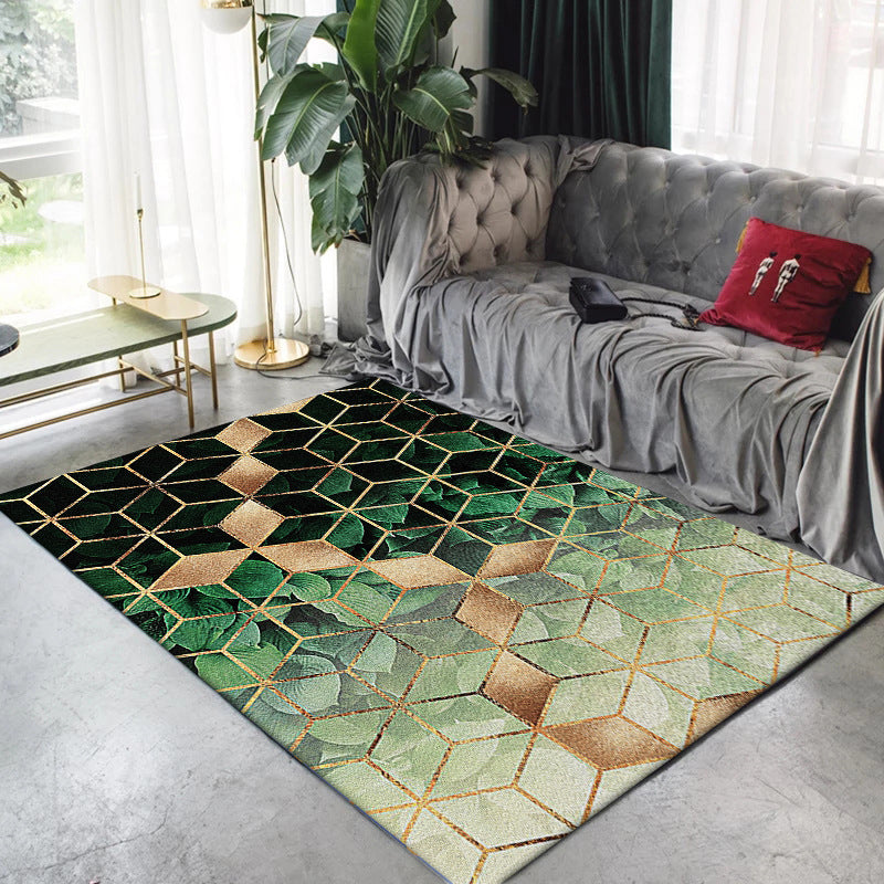 Modern Living Room Rug in Green Geometric Hexagon Leaf Print Rug Polyester Machine Washable Area Rug