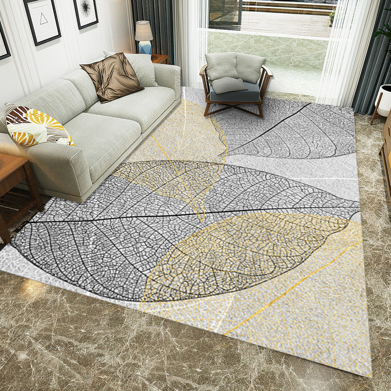 Modern Living Room Rug in Grey Botanical Leaf Print Rug Polyester Washable Non-Slip Backing Area Rug