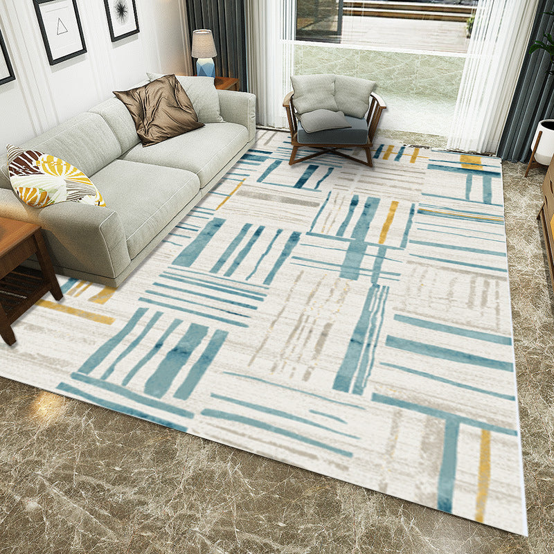 Ivory Bedroom Rug Modern Abstract Stripe Pattern Area Rug Polyester Washable Carpet