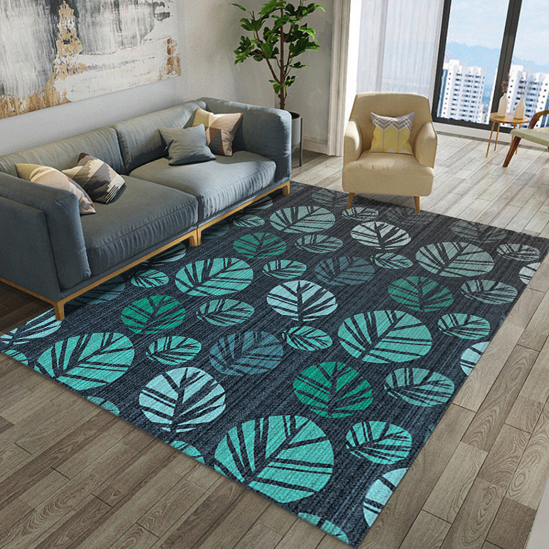 Simple Modern Rug in Green and White Botanical Leaf Peacock Feather Pattern Rug Polyester Washable Carpet for Home Decor