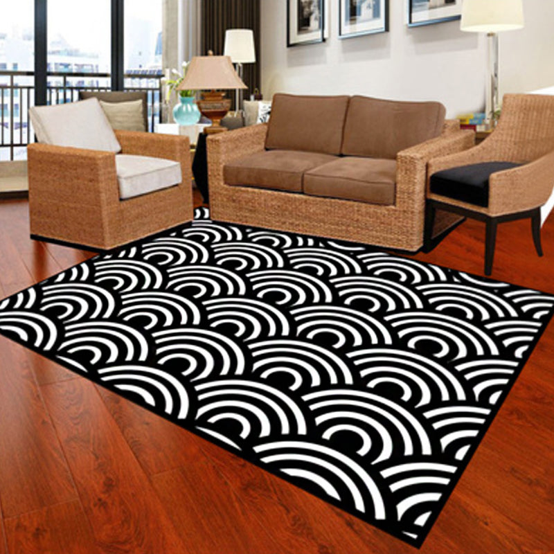 Modernist Geometric Pattern Rug Black Polyester Rug Non-Slip Pet Friendly Washable Are Rug for Bedroom