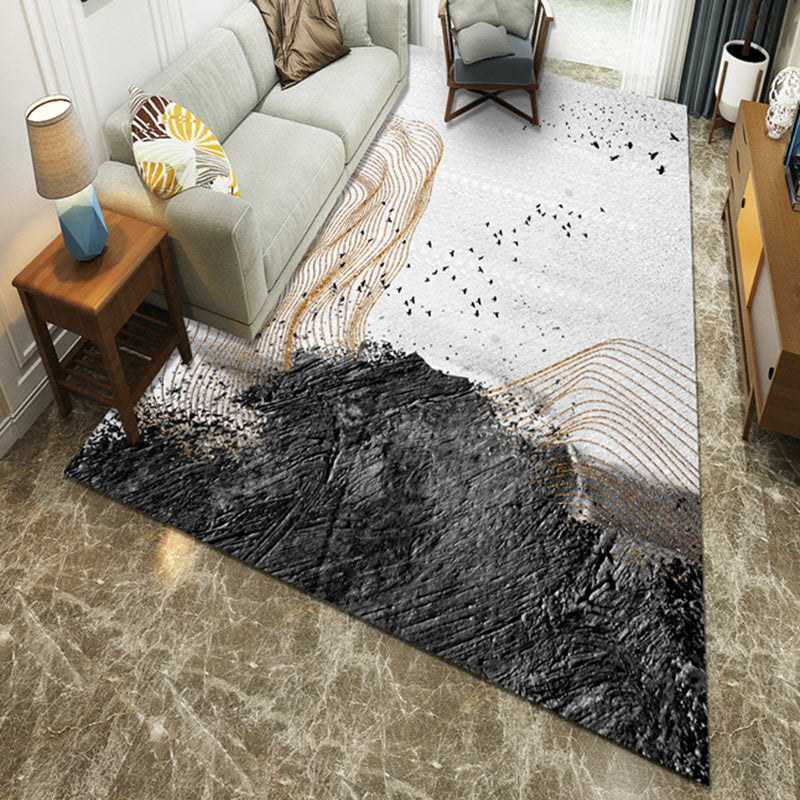 Modernist Gray Polyester Rug with Ink Painting Design Washable Area Rug for Indoor