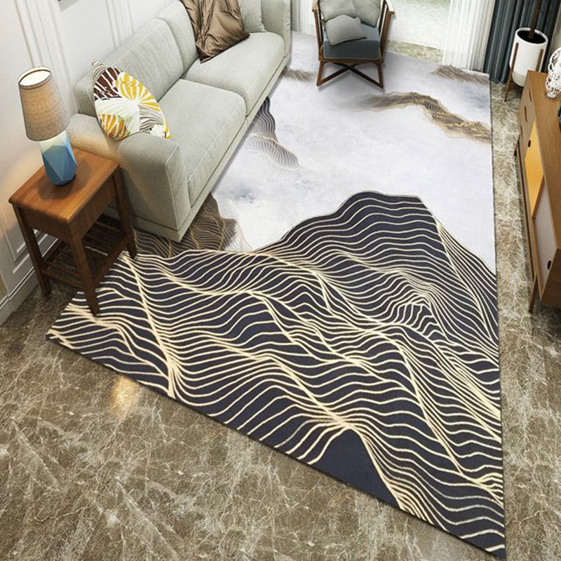 Ink Painting Modern Style Polyester Area Rug with Curved Line Rug Dark Color for Room
