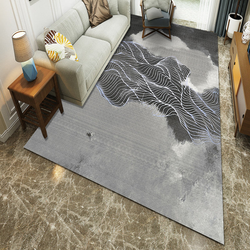 Simple Style Gray Polyester Area Rug Ink Painting with Gold Curved Line Washable Rug for Living Room