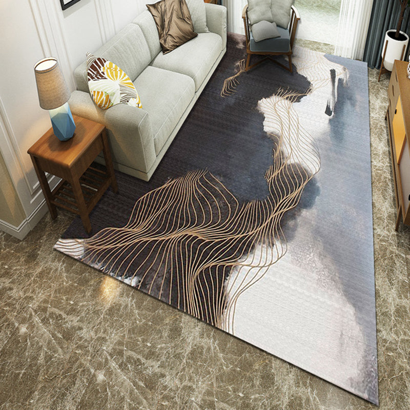 Navy Blue Ink Painting Modernism Washable Polyester Rug with Gold Curved Line Parlor Area Rug