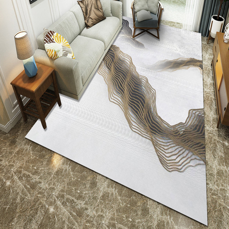 Modern Style Area Rug with Golden Curved Line Pattern Washable Polyester Rug for Living Room