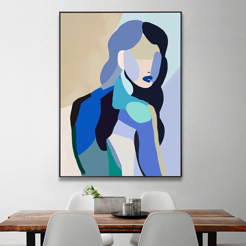 Farbblock-Wandkunst mit abstrakten Figuren auf Leinwand, zeitgenössische strukturierte Wanddekoration in Blau