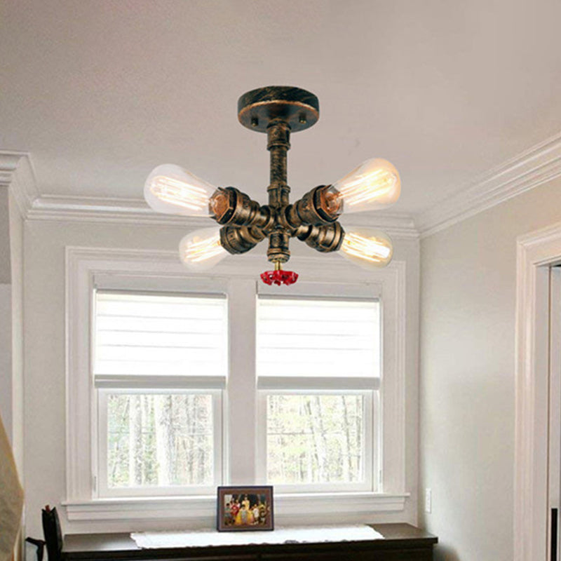 Burst Pipe Foyer Ceiling Mount Light Industrial-Style Iron 4 Lights Bronze Semi Flush Light with Decorative Valve
