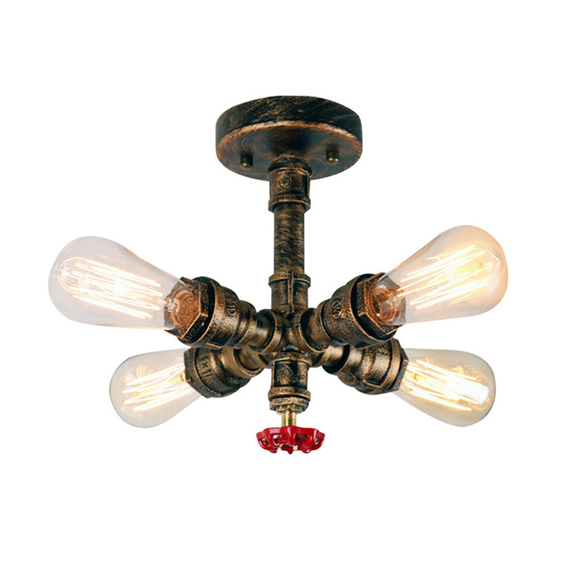 Burst Pipe Foyer Ceiling Mount Light Industrial-Style Iron 4 Lights Bronze Semi Flush Light with Decorative Valve