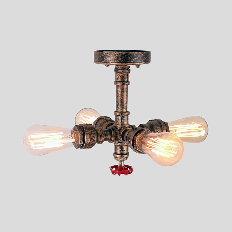 Burst Pipe Foyer Ceiling Mount Light Industrial-Style Iron 4 Lights Bronze Semi Flush Light with Decorative Valve