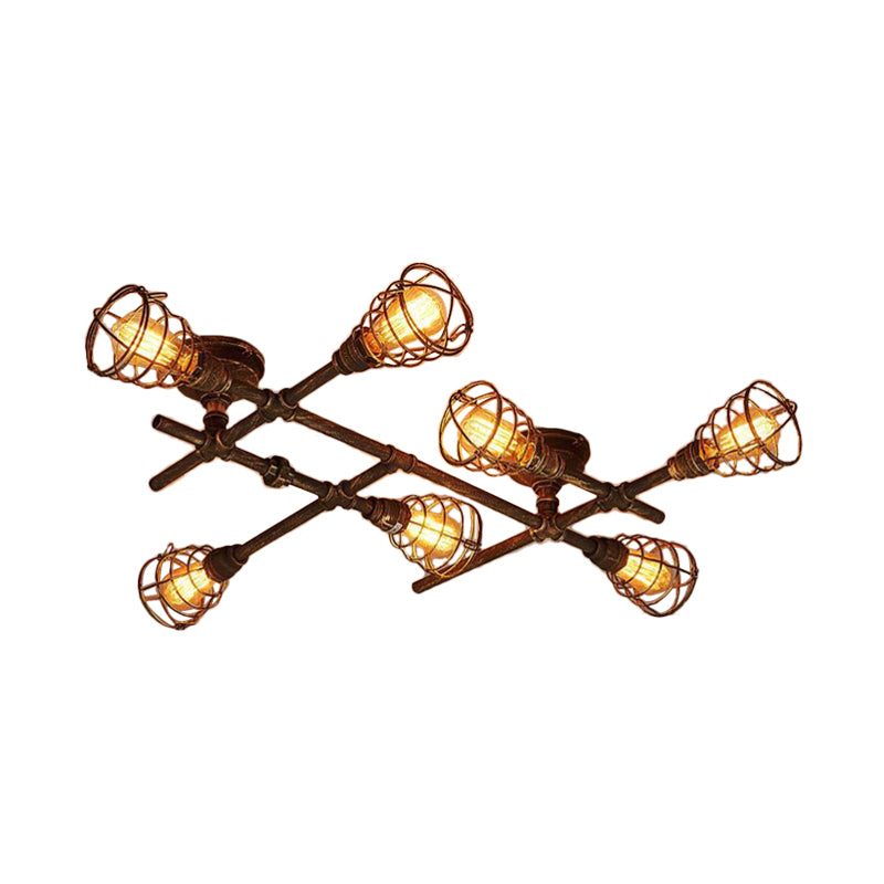 Industrial Intersecting Piping Ceiling Light 4/5/8 Heads Iron Semi Flush Mounted Light with Cage Guard in Brass