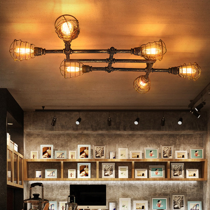 Industrial Intersecting Piping Ceiling Light 4/5/8 Heads Iron Semi Flush Mounted Light with Cage Guard in Brass