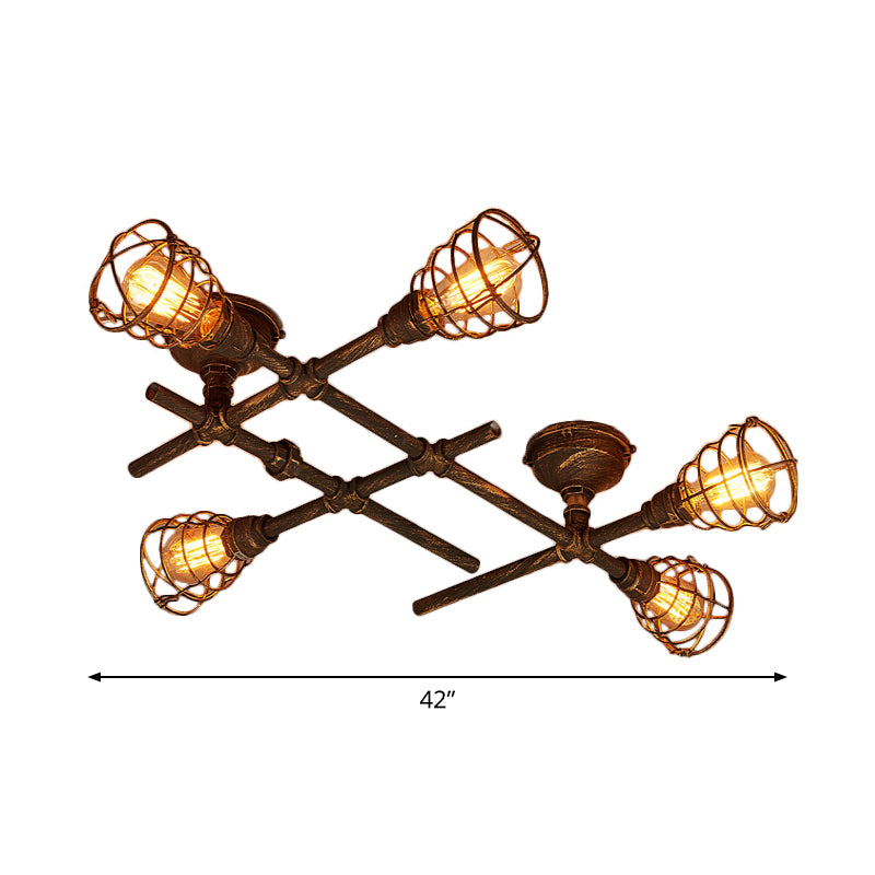 Industrial Intersecting Piping Ceiling Light 4/5/8 Heads Iron Semi Flush Mounted Light with Cage Guard in Brass