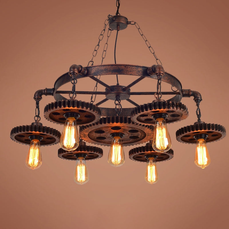 Wood Carved Gear Chandelier Lamp Loft Style 1/3/7-Bulb Bistro Down Lighting Pendant in Antique Bronze