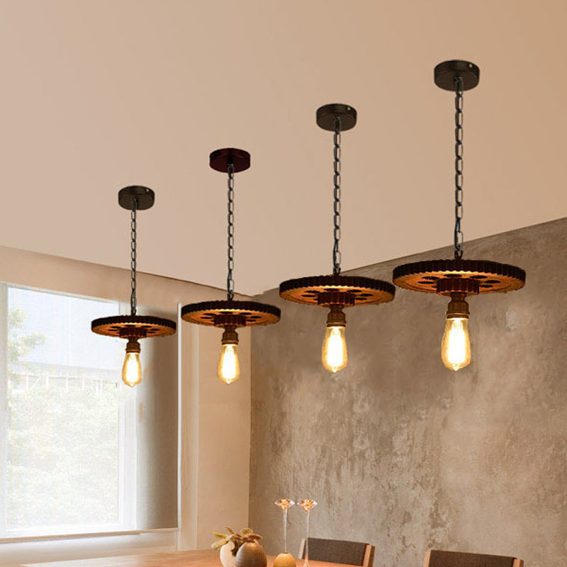 Wood Carved Gear Chandelier Lamp Loft Style 1/3/7-Bulb Bistro Down Lighting Pendant in Antique Bronze