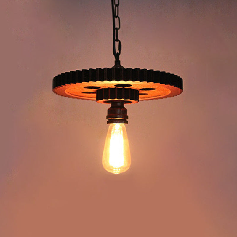 Wood Carved Gear Chandelier Lamp Loft Style 1/3/7-Bulb Bistro Down Lighting Pendant in Antique Bronze