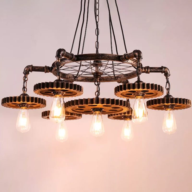 Antiqued Bronze Gear Chandelier Loft Style Iron 3/5/7-Light Living Room Ceiling Suspension Lamp