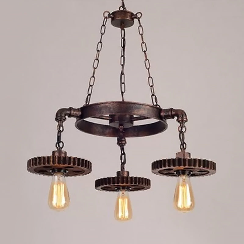 Antiqued Bronze Gear Chandelier Loft Style Iron 3/5/7-Light Living Room Ceiling Suspension Lamp