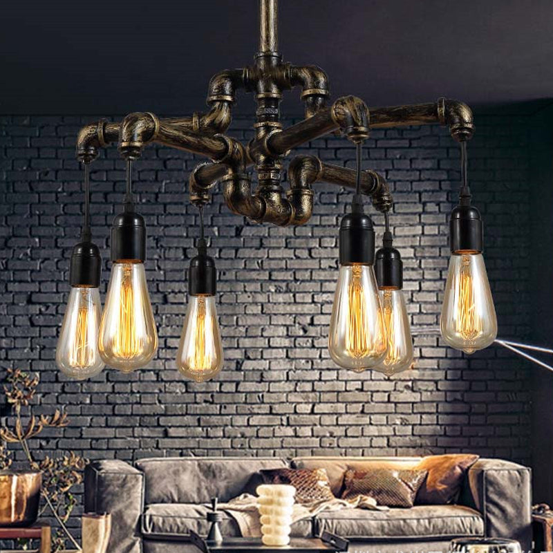 Iron Pipe Hanging Chandelier Industrial 4/6-Head Dining Table Suspension Pendant Light in Black/Bronze