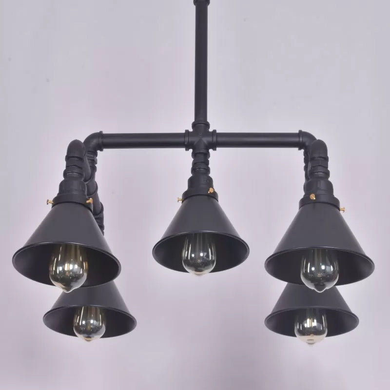 5-Light Chandelier Industrial Living Room Hanging Light with Conic Metal Shade in Black/Copper