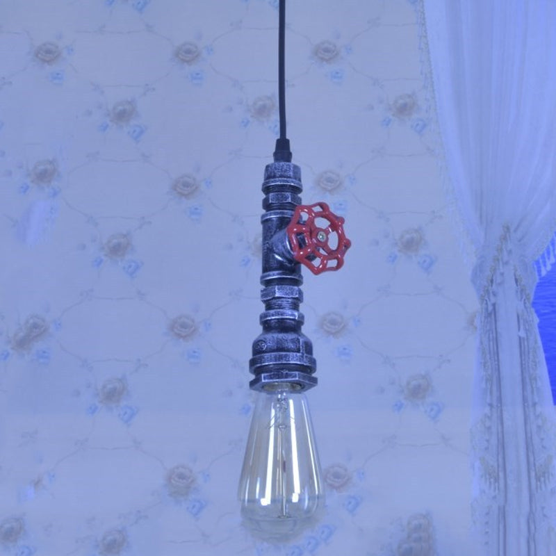 Single-Bulb Pipe Pendulum Light Loft Style Black/Silver/Bronze Metallic Hanging Pendant Light with Water Valve Deco