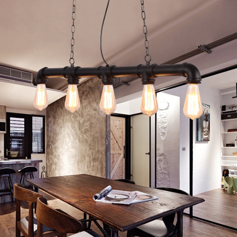 5 Lights Island Pendant Steampunk Piping Iron Hanging Ceiling Light in Black/Bronze/Copper for Dining Room