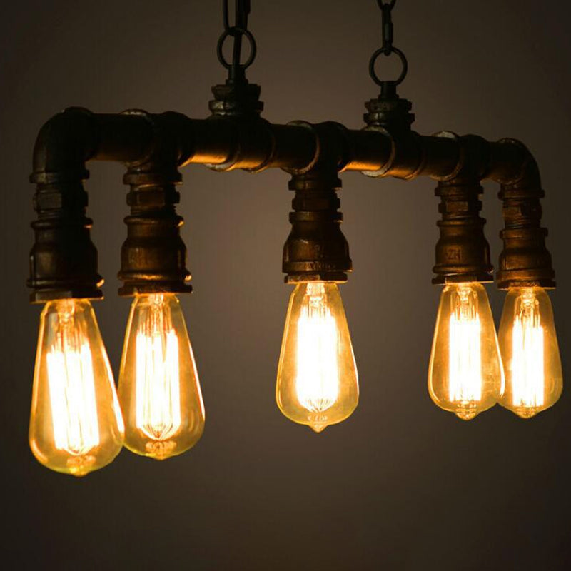 Water Pipe Dining Room Pendant Light Steampunk Metal 5 Bulbs Black Hanging Island Light