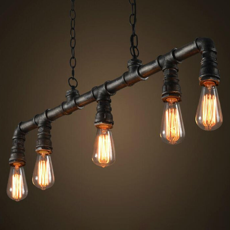 Water Pipe Dining Room Pendant Light Steampunk Metal 5 Bulbs Black Hanging Island Light