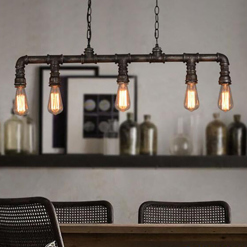 Water Pipe Dining Room Pendant Light Steampunk Metal 5 Bulbs Black Hanging Island Light