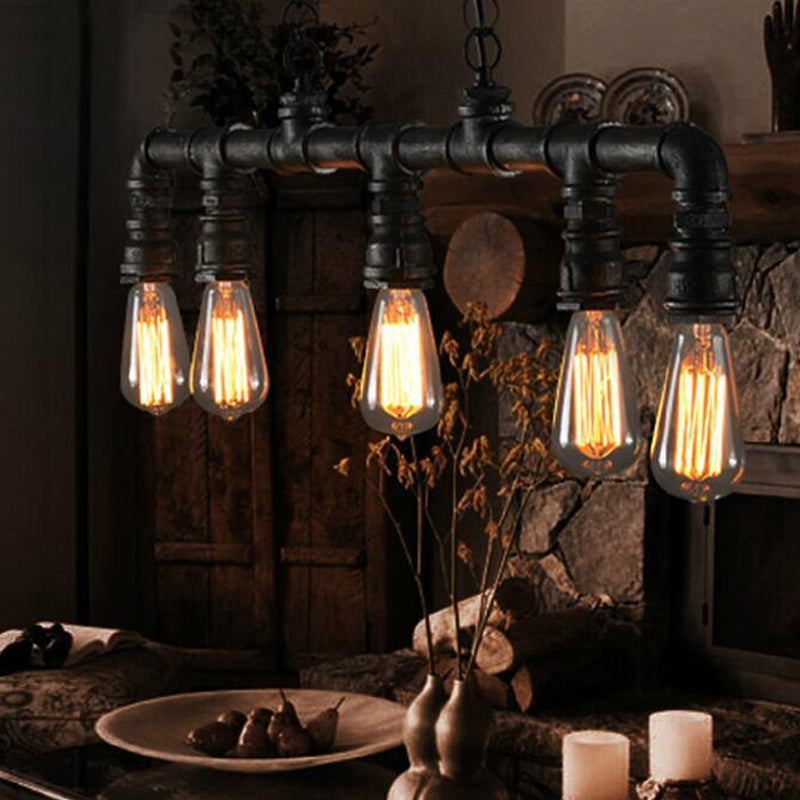 Water Pipe Dining Room Pendant Light Steampunk Metal 5 Bulbs Black Hanging Island Light