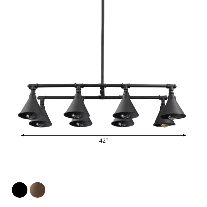8 Bulbs Island Pendant Light Industrial Conical Iron Suspension Lighting in Black/Rust for Wine Bar