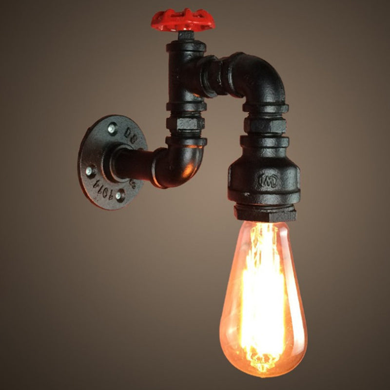 Black Faucet Wall Mount Lamp Steampunk Iron 1-Light Living Room Wall Light Kit with Red Valve