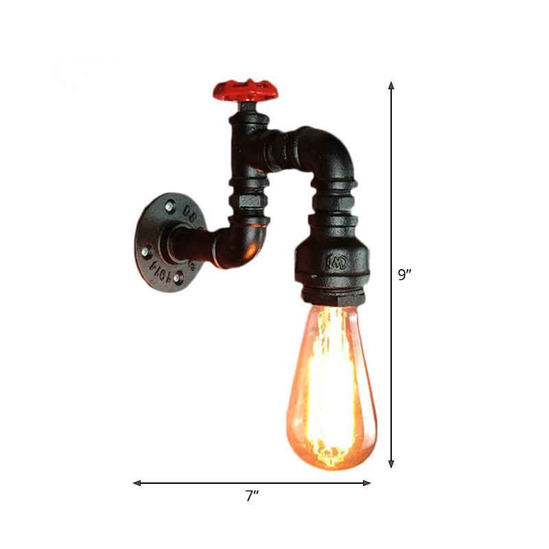 Black Faucet Wall Mount Lamp Steampunk Iron 1-Light Living Room Wall Light Kit with Red Valve