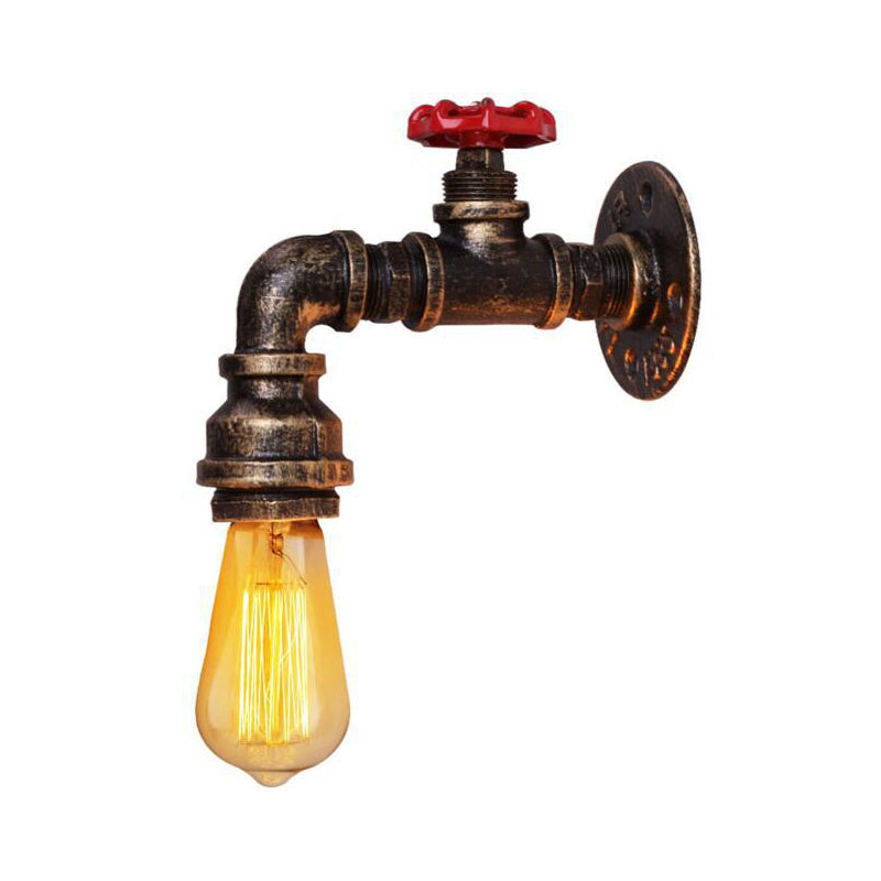 L-Shaped Pipe Bistro Wall Light Industrial Iron Single-Bulb Silver/Brass/Bronze Finish Wall Mount Lamp with Valve Deco