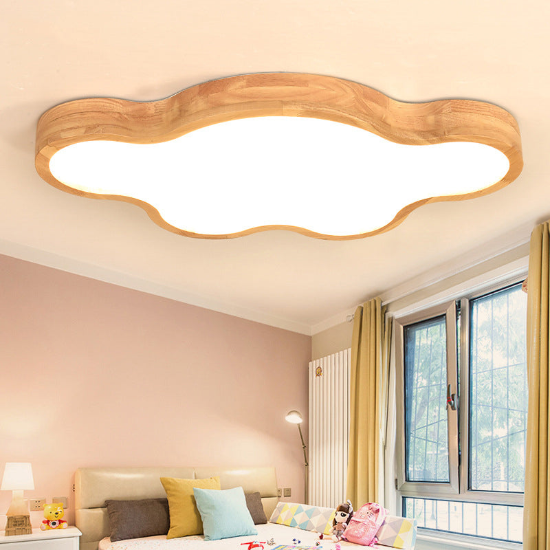 Minimalist Cloud/Star Ceiling Lighting Wooden Childrens Bedroom LED Flush Mount Lamp in Beige, 21"/25"/29.5" Width